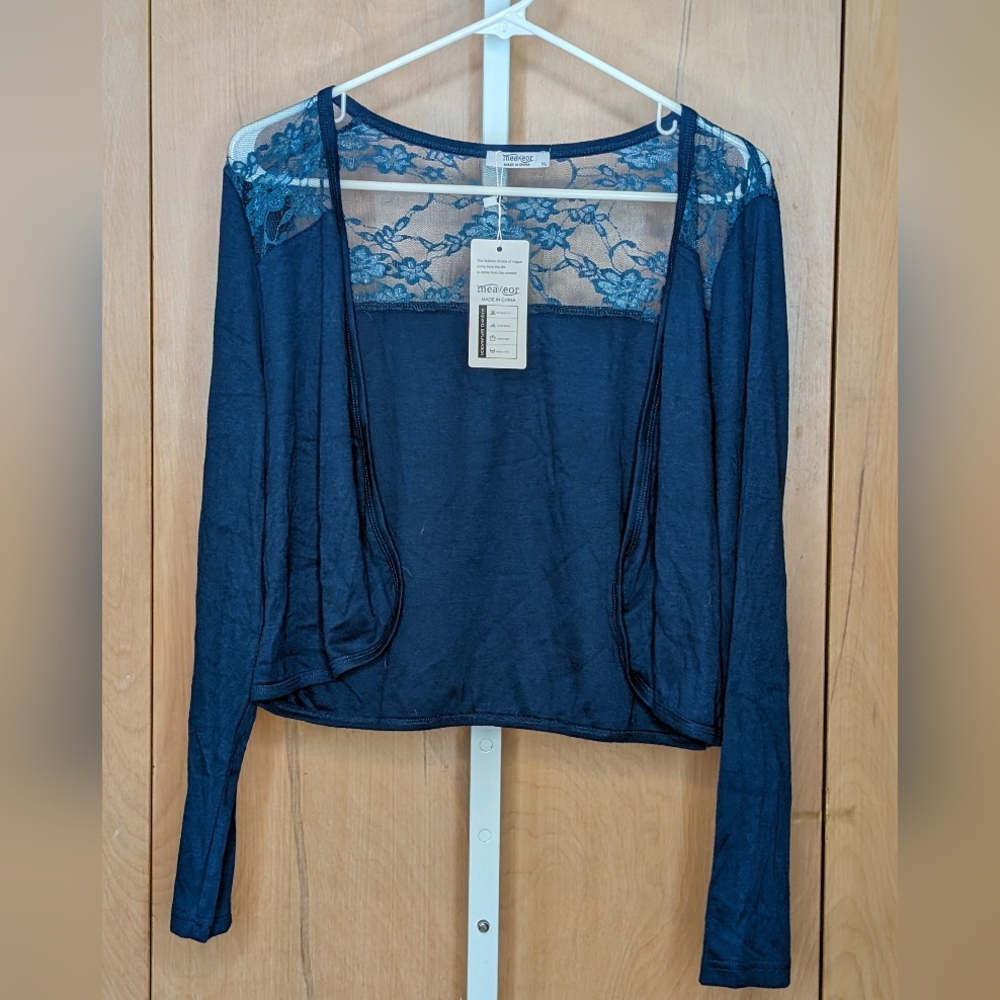 Meaneor Teal Stretch Lace Bolero Open Front Cropped Dress Jacket Cardigan XL NWT